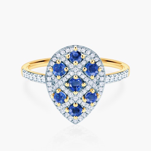 Pierścionek SAVICKI: dwukolorowe złoto, niebieskie szafiry, diamenty